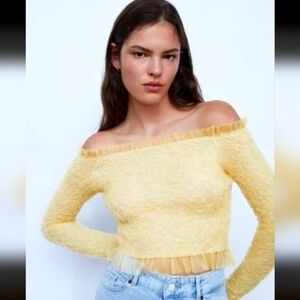 ZARA NWOT KNIT AND ORGANZA SWEATER TOP CROP BUTTER YELLOW MEDIUM